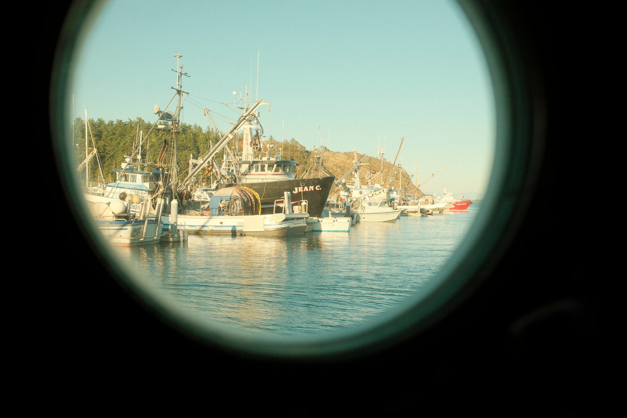 Fishing boats moored in a marina, framed by a round opening.