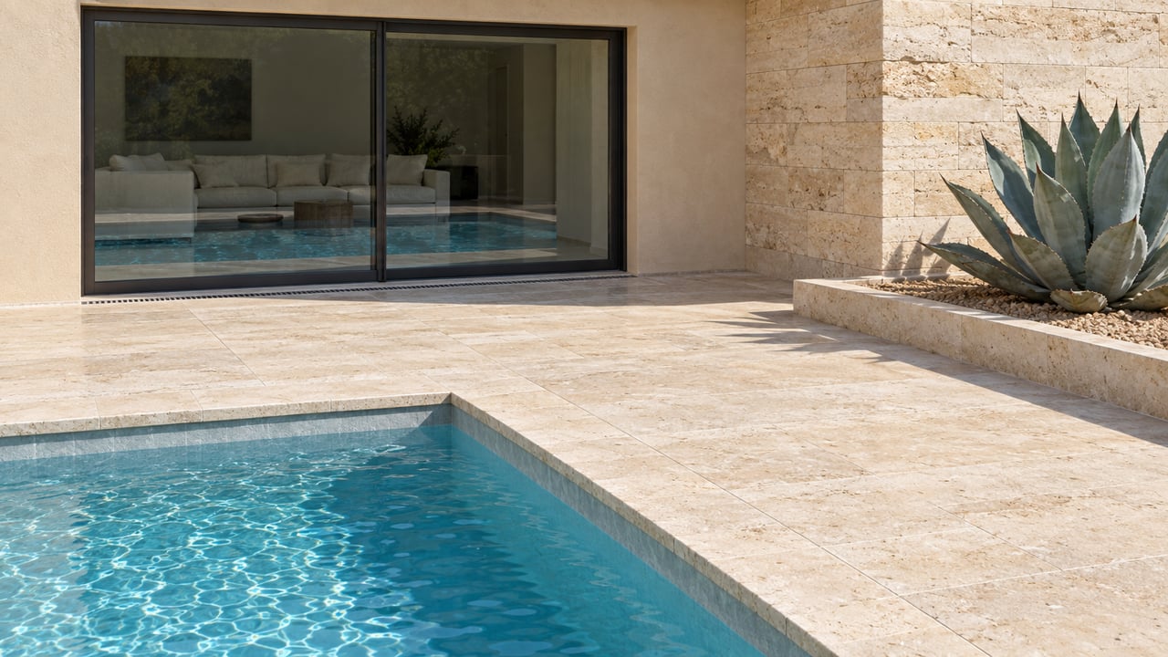 Blue pool water meets beige travertine beside a sand-colored home with bronze-framed glass doors and one sculptural blue agave in a raised stone planter.