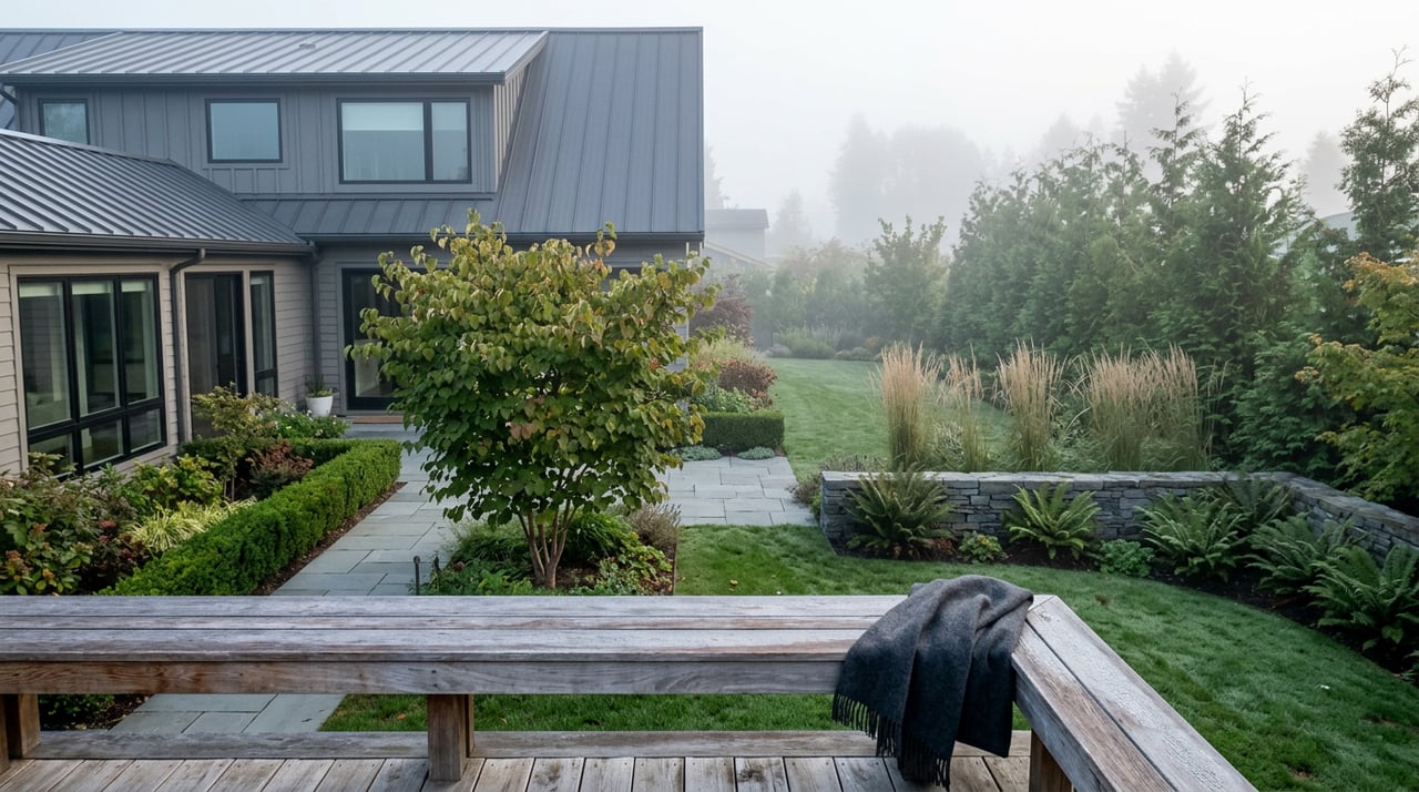 Foggy garden with a bluestone path, layered planting, and a contemporary home beyond the deck rail.