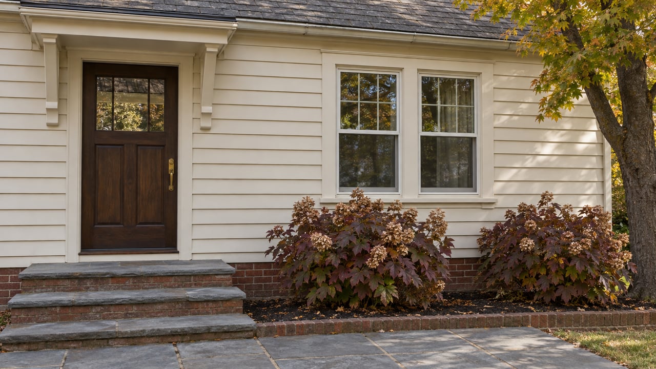Ivory clapboard home with a dark timber front door, paired window, brick foundation and weathered bluestone steps beside autumn oakleaf hydrangeas.