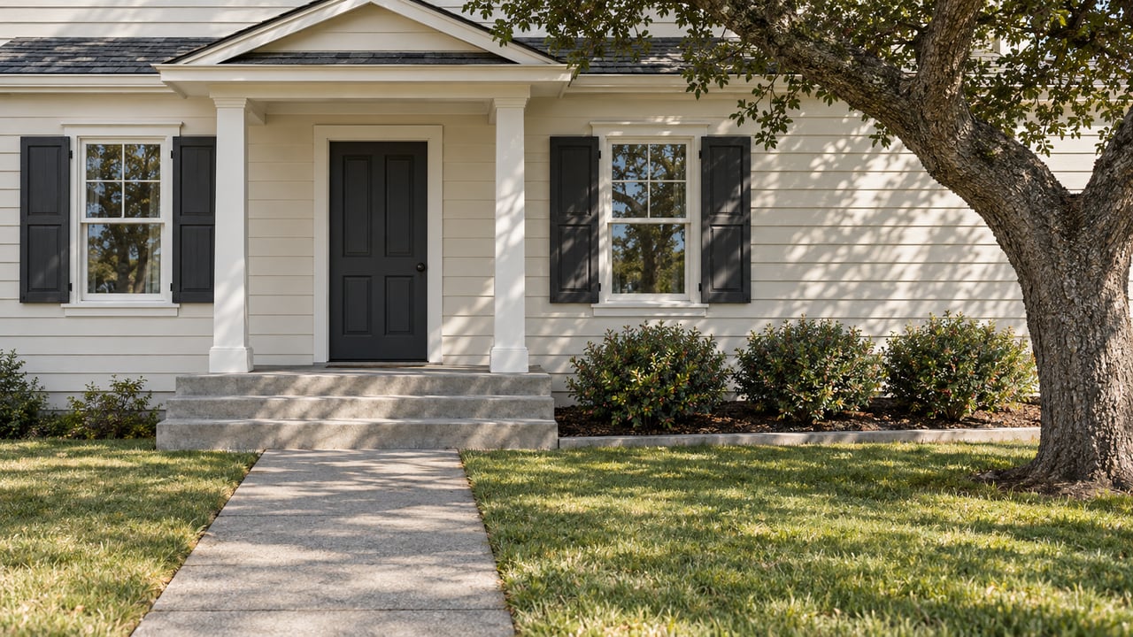 Ivory clapboard home with a dark front door, paired shuttered windows, concrete approach and mature oak beside a deep lawn.