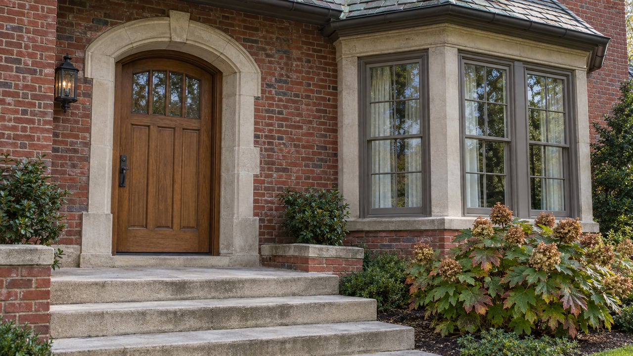 Brick house entrance with an oak door beneath a limestone arch, bay window, and broad stone steps.