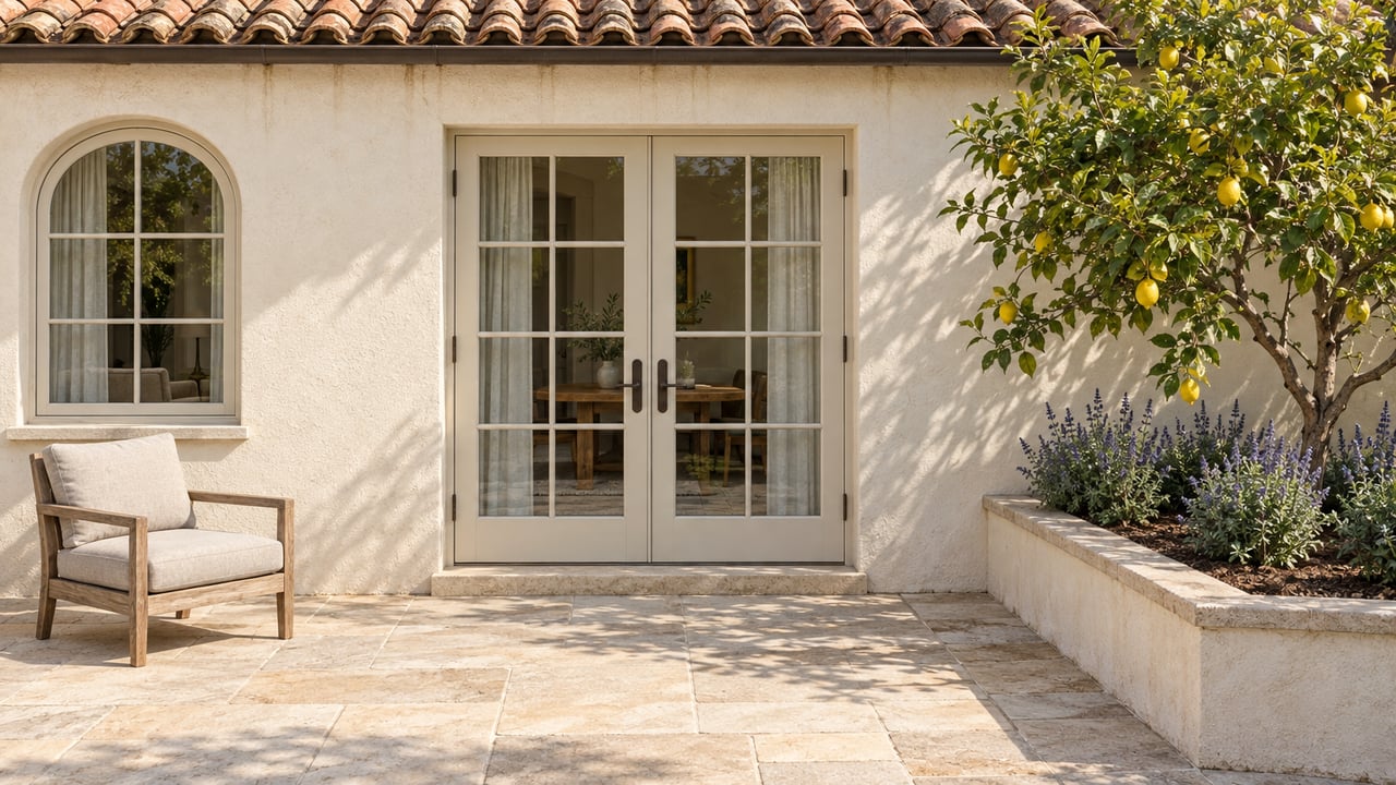 Clay-tile eaves, ivory stucco and cream French doors overlook a limestone terrace with a teak chair and a raised lemon-tree planting bed.