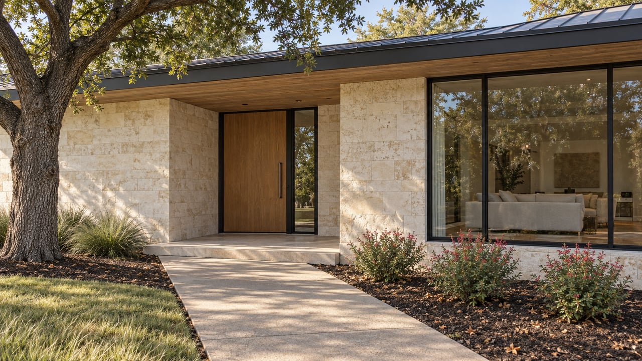 Limestone and oak entrance beneath deep eaves, with black-framed glazing and an established oak beside a concrete garden approach.