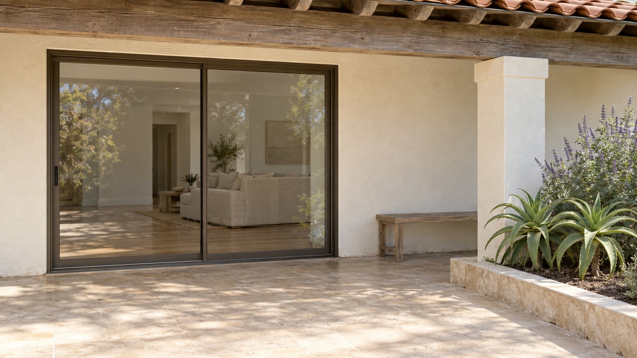 Sunlit limestone terrace beneath a timber patio roof, facing closed bronze-framed glass doors in ivory stucco, with a teak bench and raised aloe and sage planter.