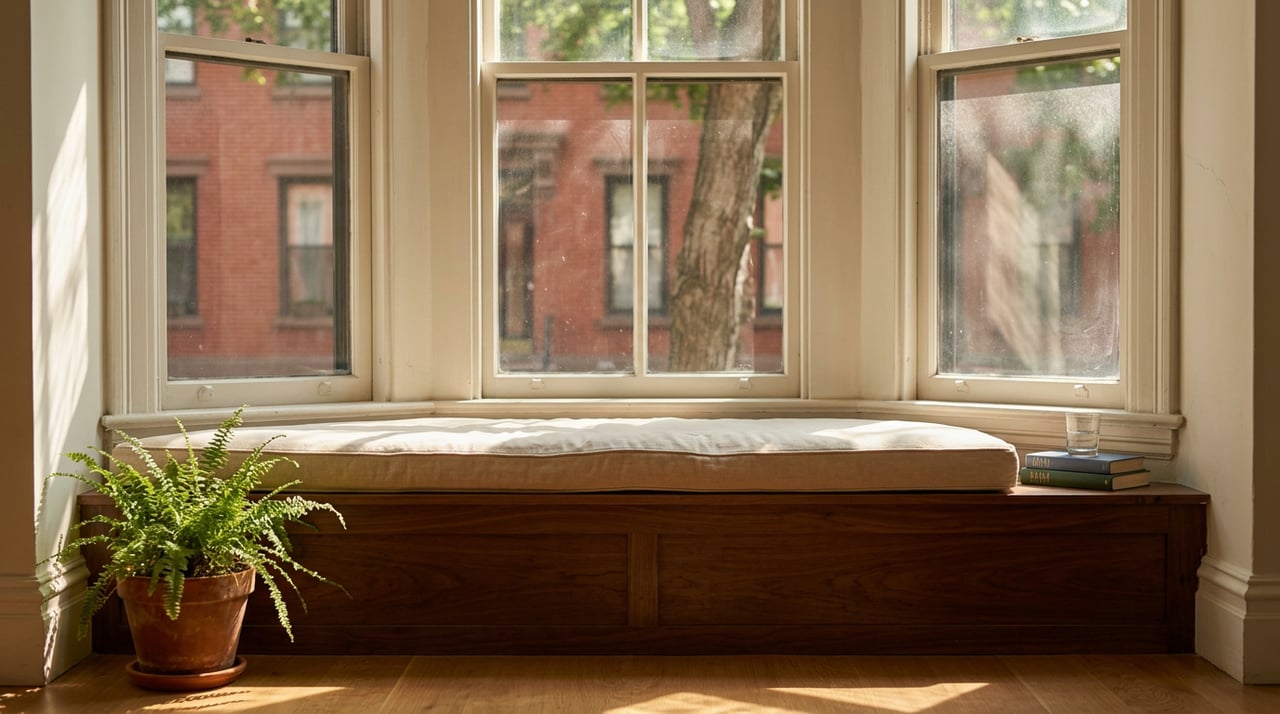 Ivory-cushioned walnut bay window seat with books, a glass tumbler, and fern in patterned afternoon sunlight.
