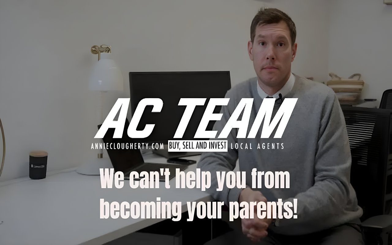 A real estate agent, with "AC TEAM" and "We can't help you from becoming your parents!" overlaid on the image.