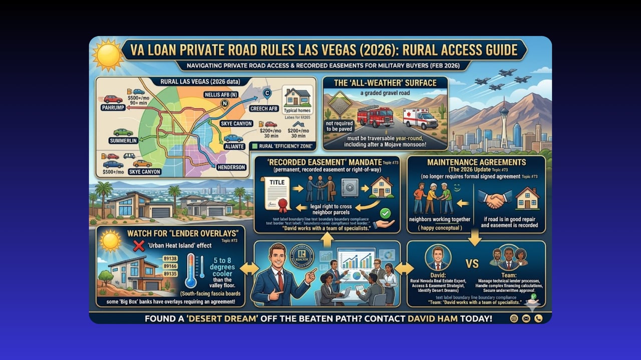Infographic explaining VA loan rules for private roads, rural access, recorded easements, and maintenance agreements in Las Vegas.