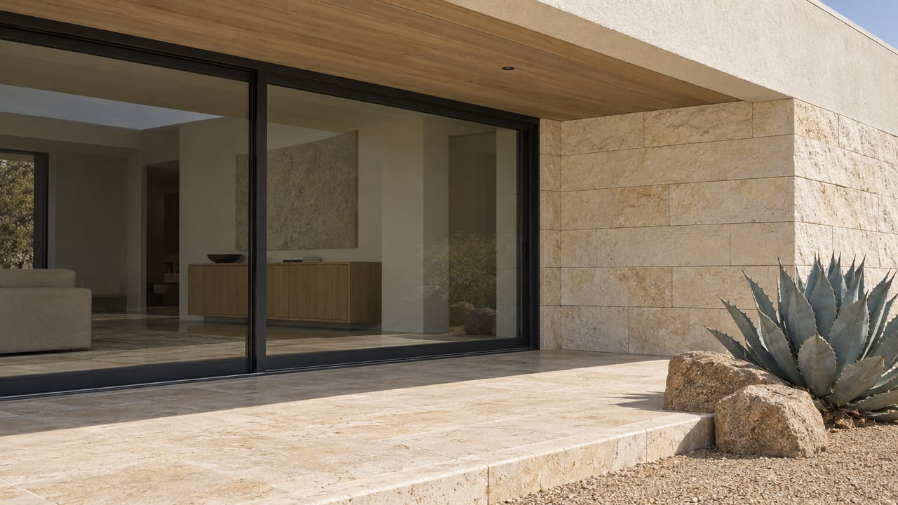 Close view of a contemporary home's shaded glass patio doors, pale limestone wall and travertine terrace beside a blue-gray agave.