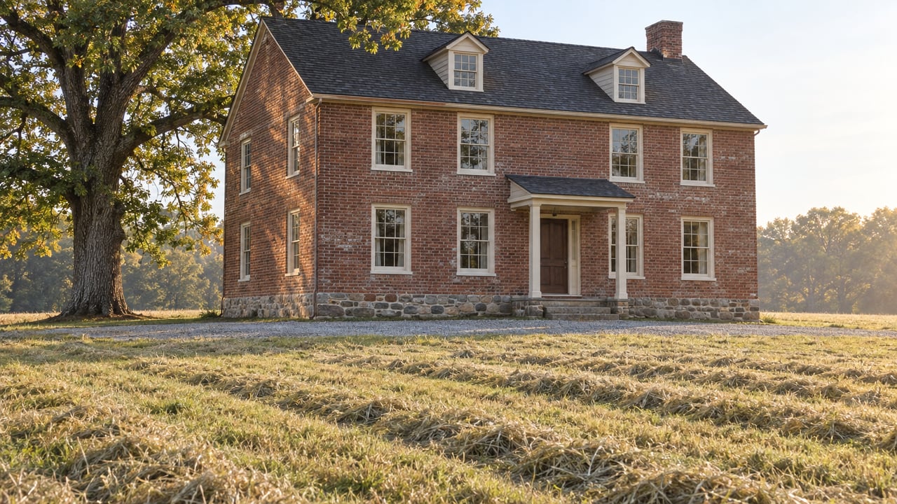 Brick farmhouse with two dormers beyond a broad cut hay field, an oak tree beside the house.