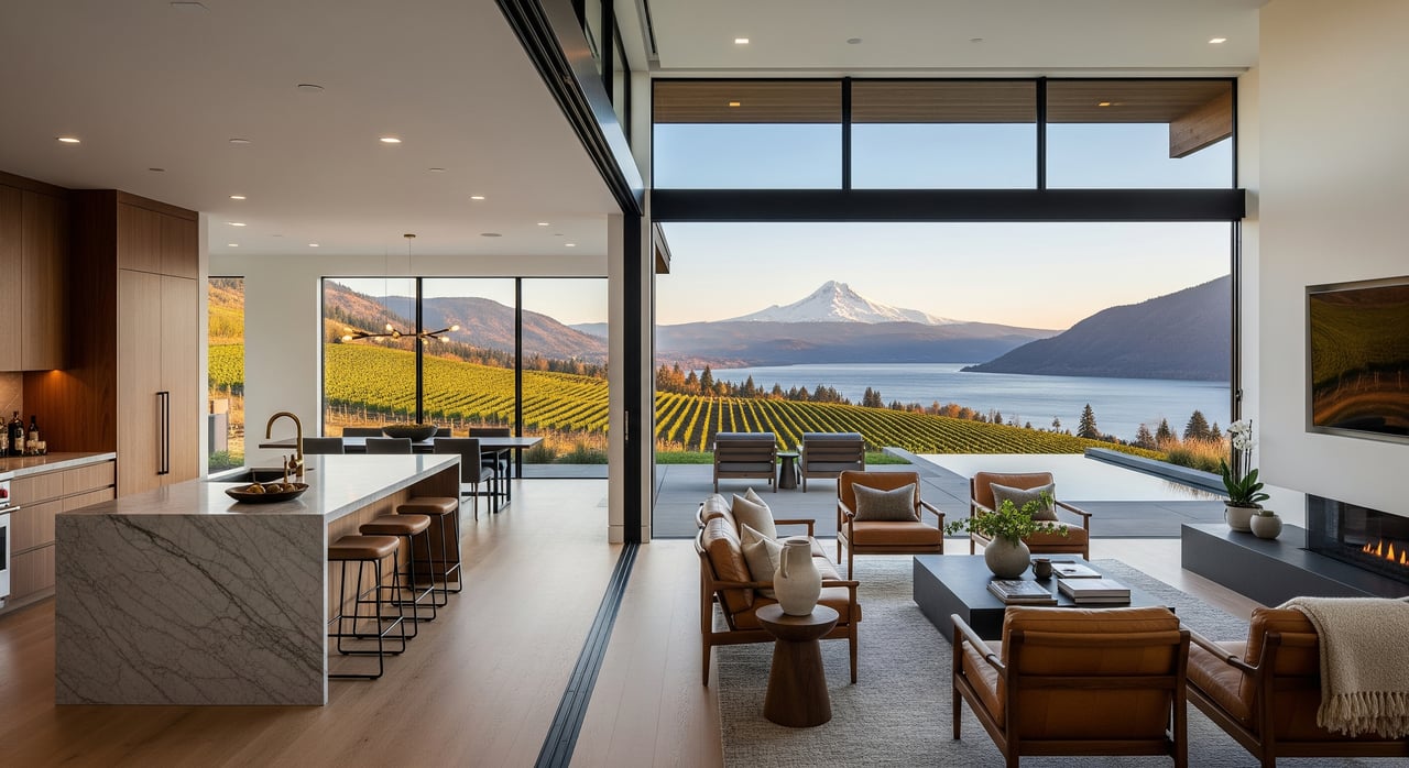 Modern kitchen and lounge overlooking vineyard rows, a lake, and a snow-capped mountain.