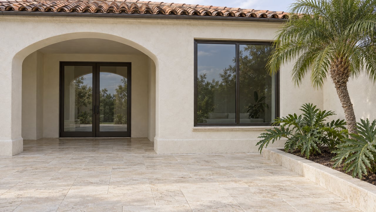 Cream stucco home with a clay tile roof, arched outdoor loggia, bronze-framed glazing and a pale limestone terrace bordered by a specimen palm.