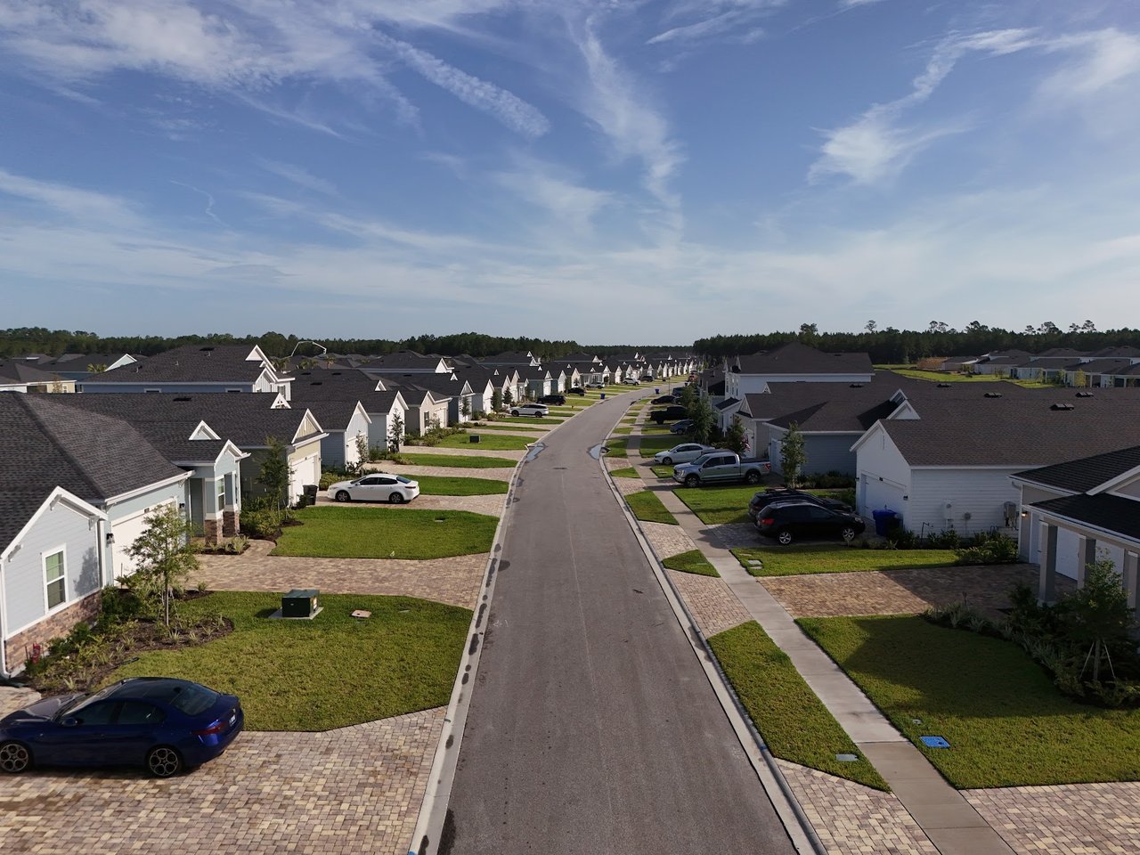 Aerial view of Silver Falls homes along a residential street with lawns and parked cars.