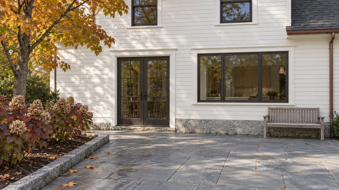 Warm-white clapboard home with bronze-framed glass doors, a blue-gray stone terrace, teak bench, and autumn maple beside oakleaf hydrangeas.