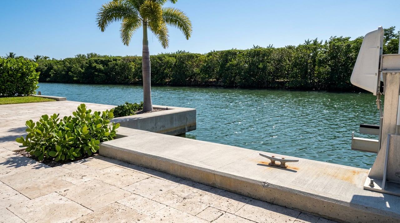Pale concrete seawall cap borders teal canal water, with a dock cleat, palm, and clipped hedge across the water.