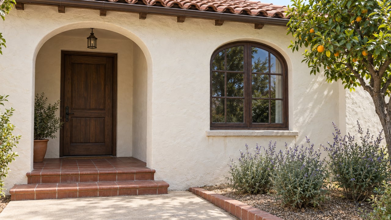 Ivory plaster home with a recessed arched entry, dark wood door, arched divided-light window, weathered clay roof tiles and a citrus tree.
