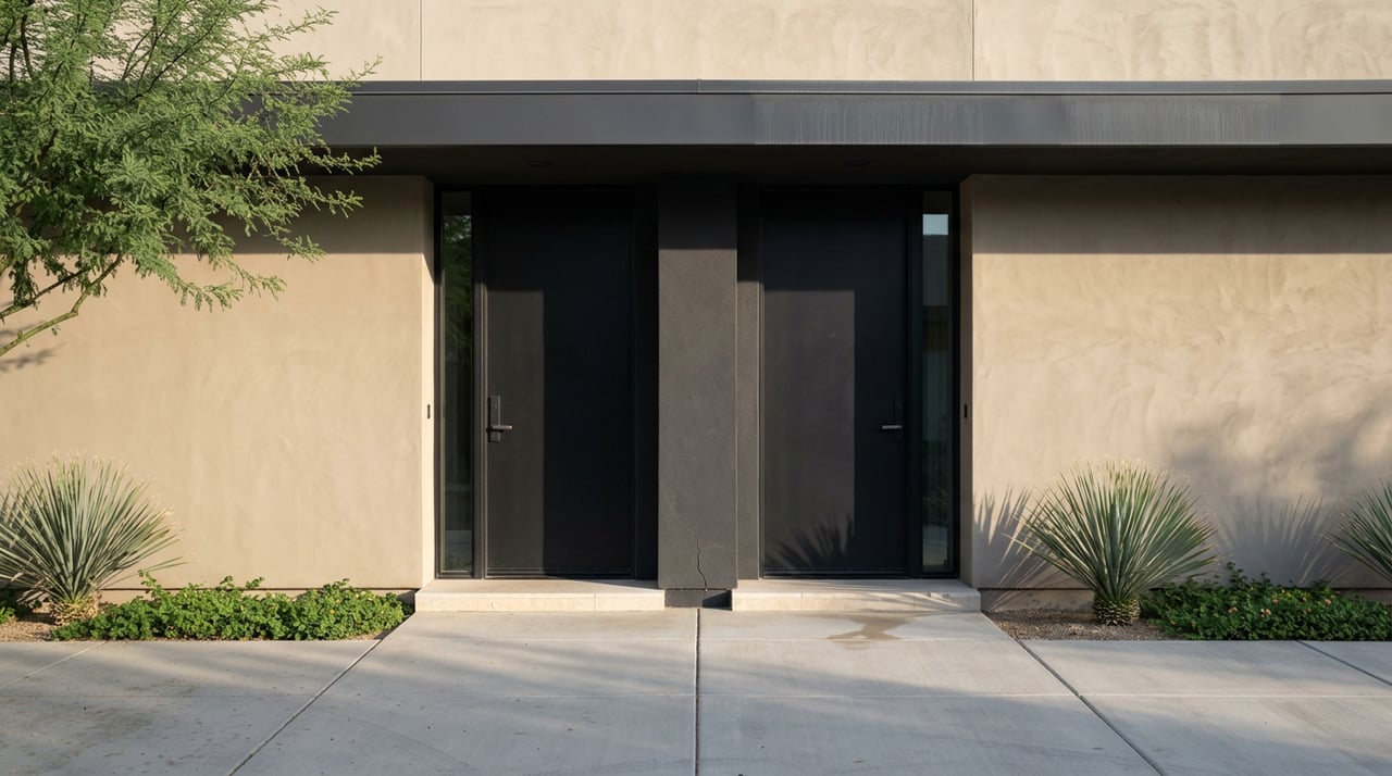 Two matte-black entry doors beneath a shared roof overhang, set in sand-colored stucco beside desert plants.