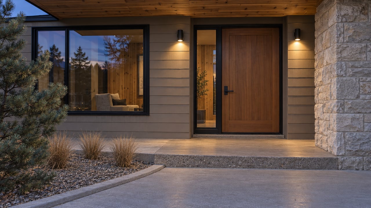 Warmly lit wood entry beneath a cedar soffit, with pale stone, taupe siding and dark-framed windows at dusk.