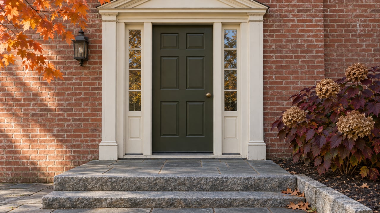 Autumn light on a brick home's olive front door, paired sidelights, granite steps and burgundy oakleaf hydrangea.
