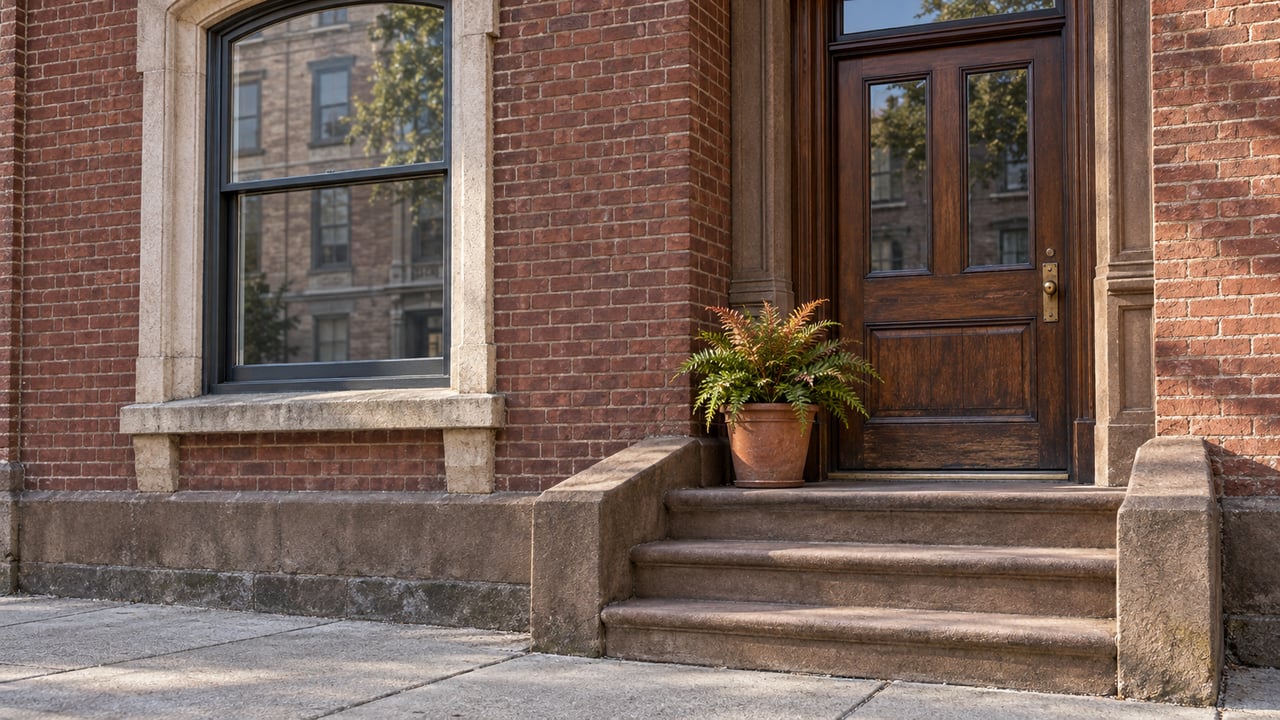Brick building entrance with a dark wooden door, stone steps, and a potted fern.