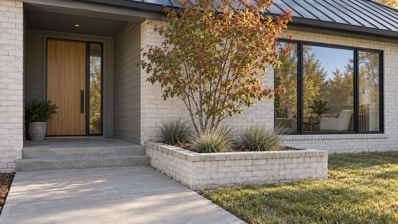 Sunlit painted-brick ranch entry with gray siding, a broad black-framed window, concrete steps, and a serviceberry planter.
