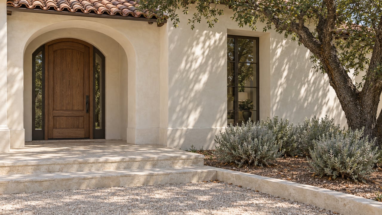 Ivory stucco estate entry with a clay-tile roof, recessed oak door, limestone steps, and silver-leaved planting beneath a mature oak.