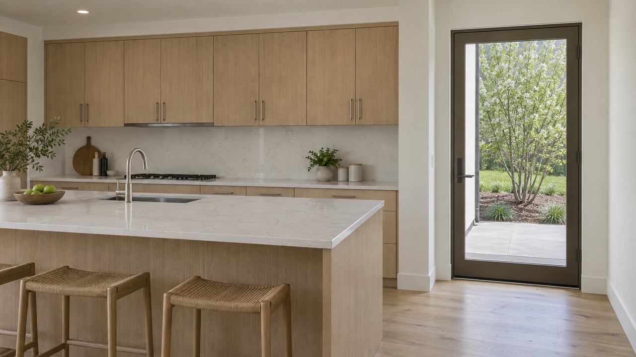 Open-plan kitchen with a pale oak island, white quartz counters, and a glazed door opening onto a small patio.