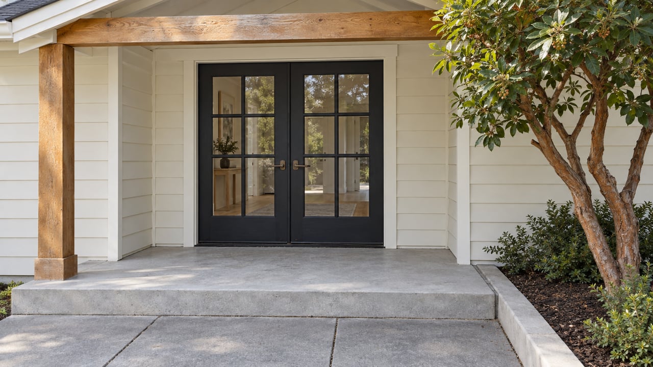 Paired black glazed entry doors beneath a timber porch roof, with ivory wood siding, a worn concrete step, and a sculptural strawberry tree.