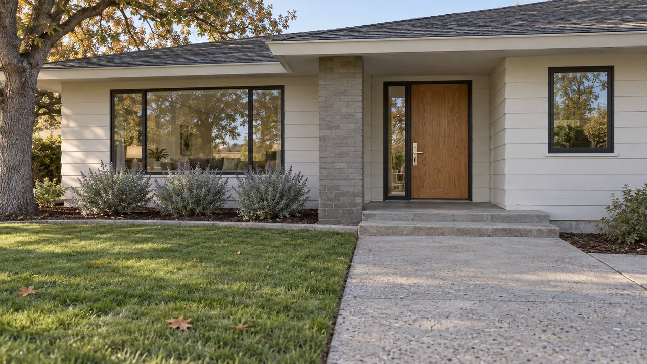 Updated single-story home with off-white wood siding, a recessed oak front door, broad concrete approach and a mature oak beside the lawn.