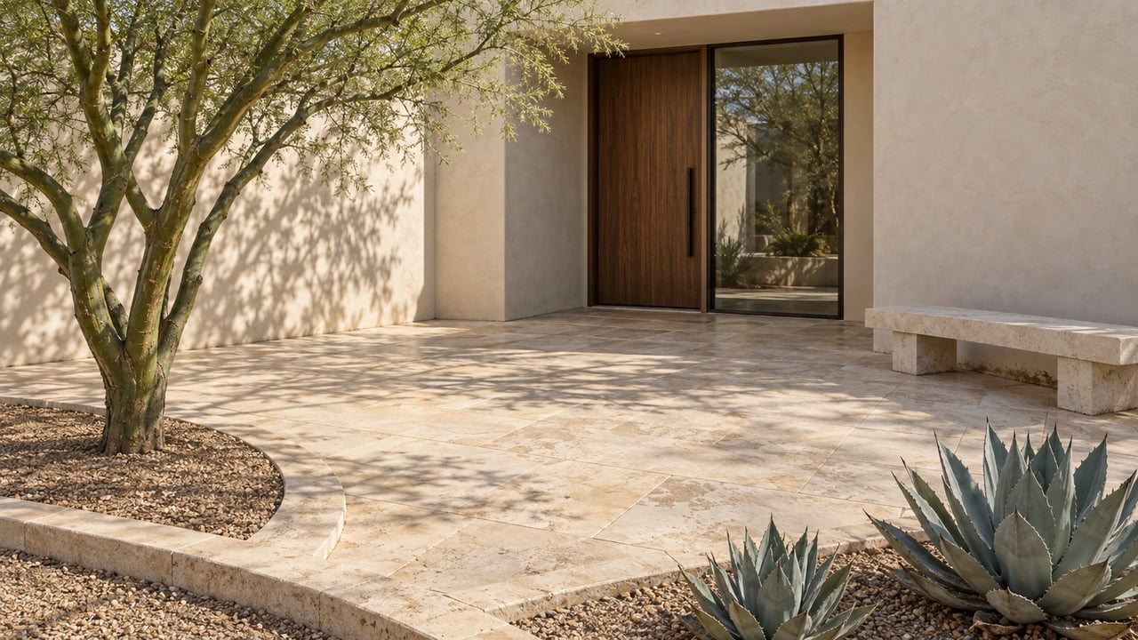 Elevated view of a cream stucco home's limestone entry terrace, bronze-framed window, walnut door, green-trunk desert tree, and two blue-gray agaves.
