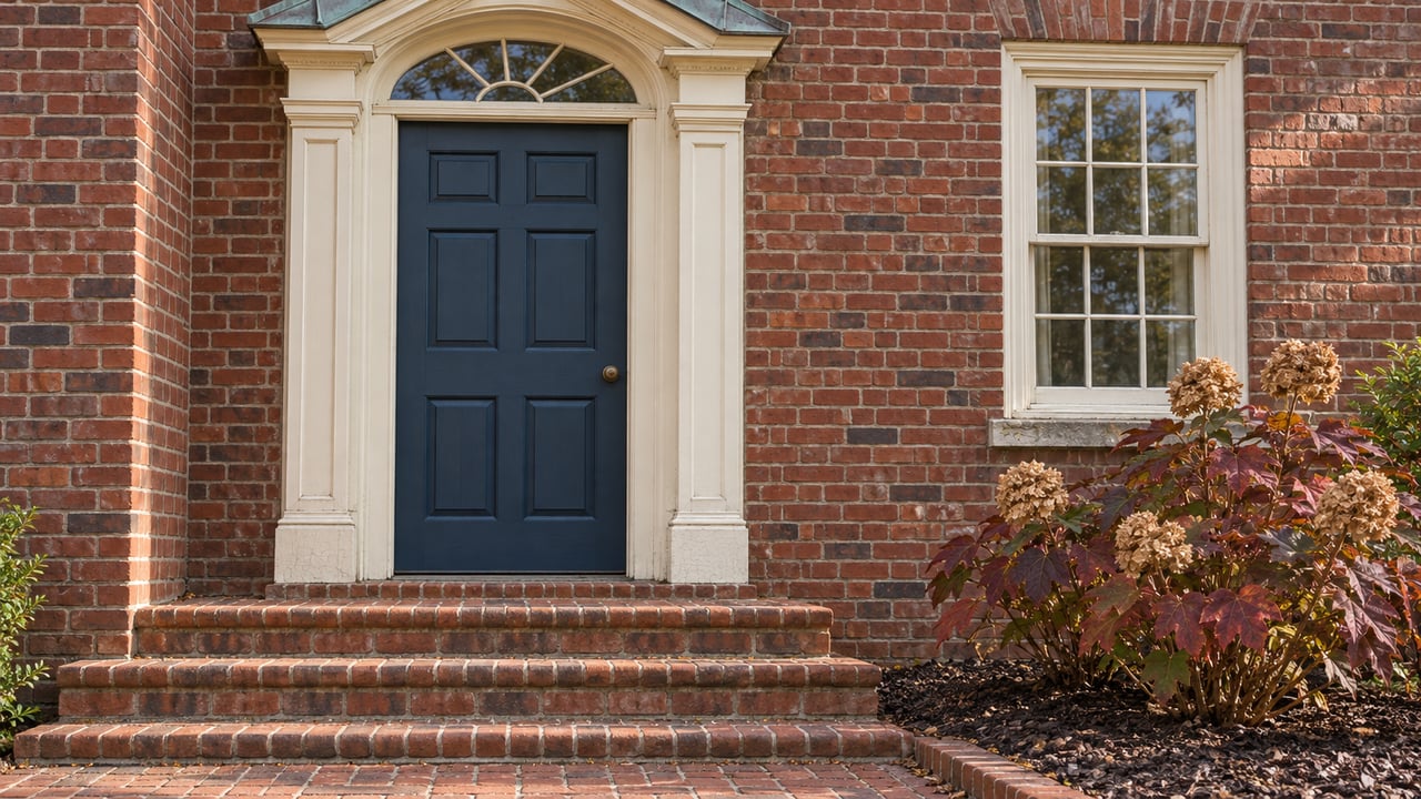 Traditional red-brick home entrance with an ivory pediment, navy door, copper roof and burgundy oakleaf hydrangea beside worn brick steps.
