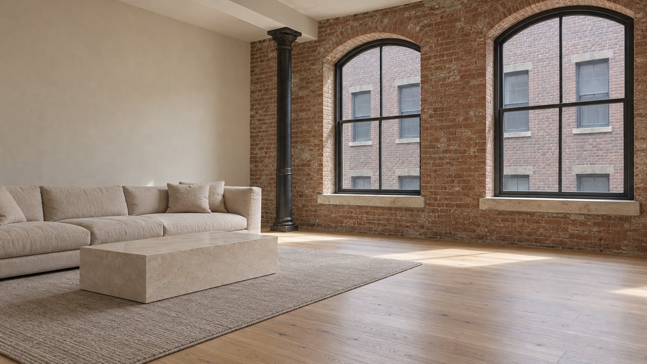 Sunlit loft living room with arched windows, exposed brick, a dark cast-iron column, pale oak flooring and neutral linen seating.