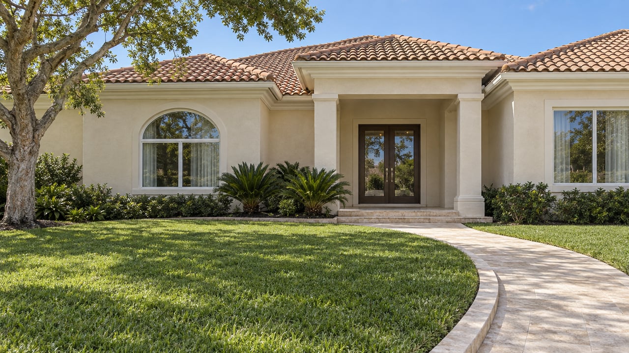 Sunlit ivory stucco home with clay tile roofs, a recessed glazed entry and curved limestone walk across a deep green lawn.