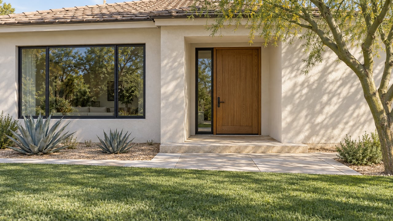 Warm-white single-story home with a recessed oak entry, limestone walkway, green lawn and a mature blue palo verde tree.