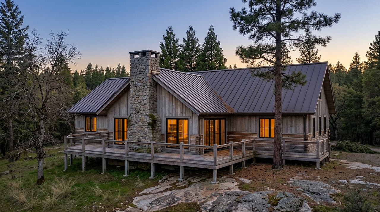 Timber lodge with a fieldstone chimney and glowing floor-to-ceiling windows beneath an indigo dusk sky.