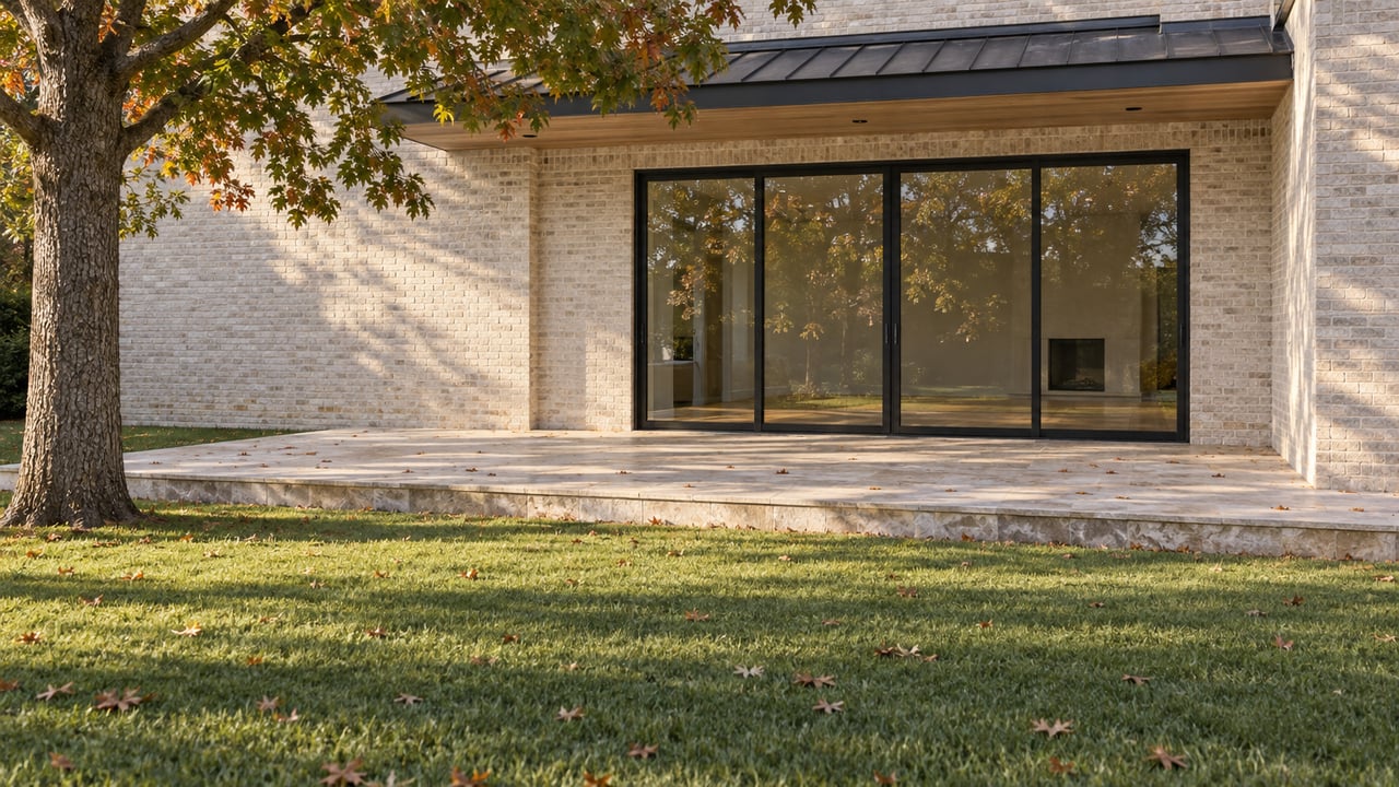 Detached house rear facade, broad lawn, limestone terrace, black sliding doors, and scattered oak leaves.