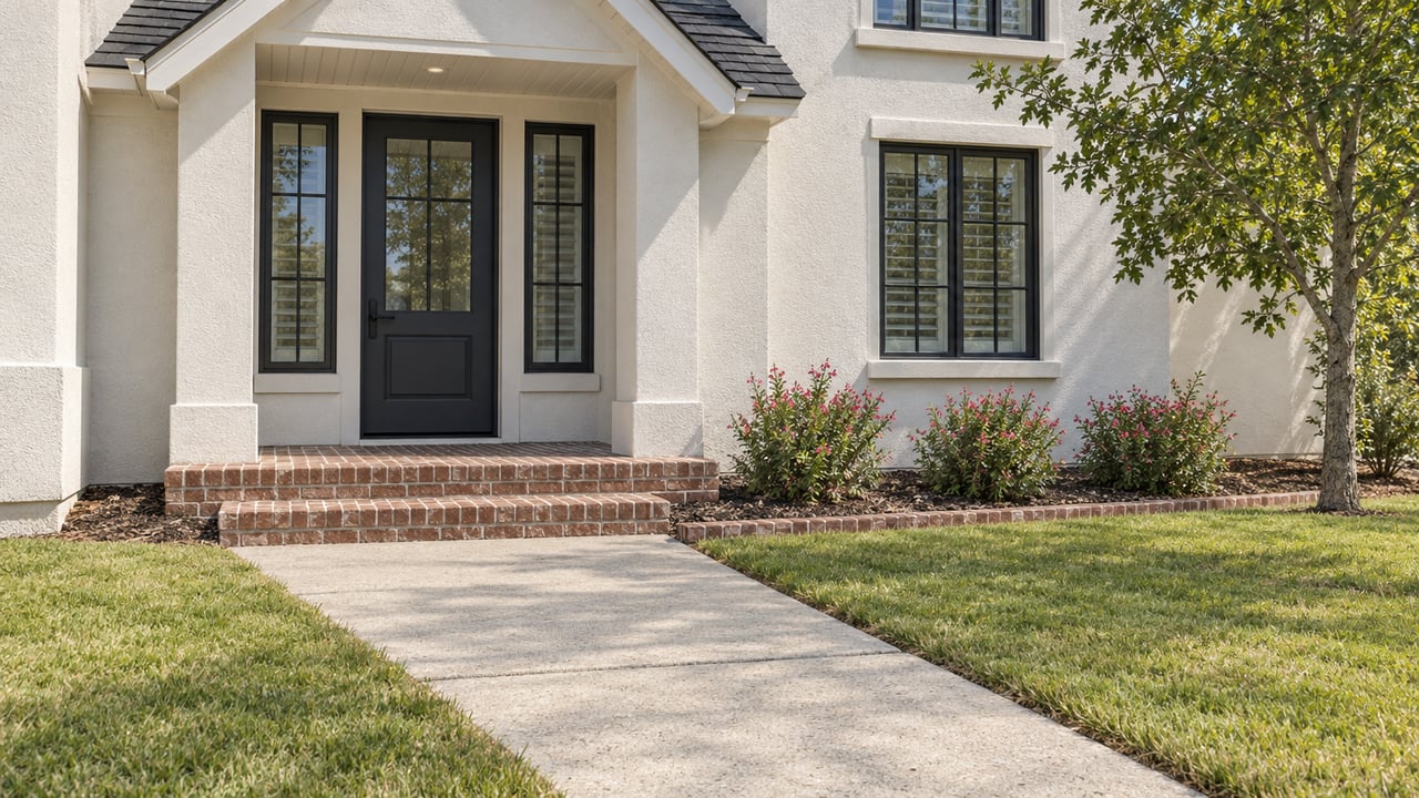 White stucco home with a charcoal entry door, brick steps and a concrete approach bordered by lawn and flowering sage.