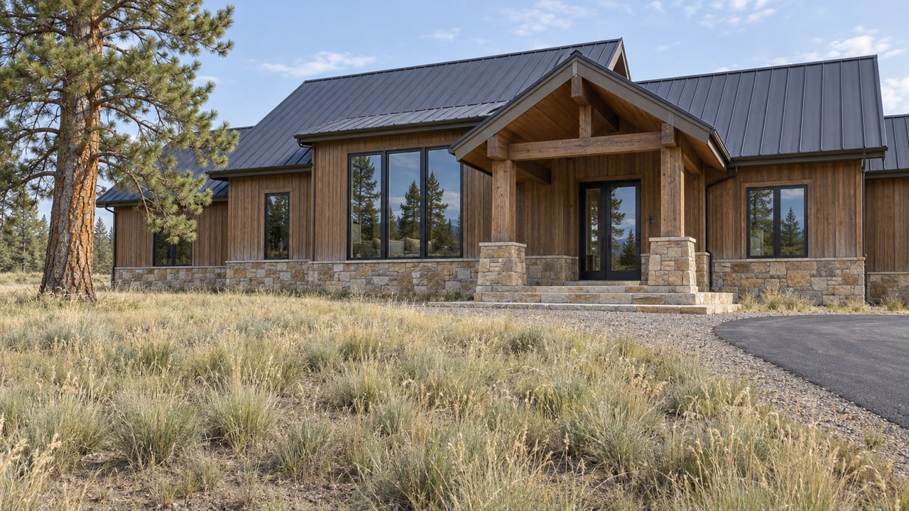 Timber and cedar home with a sandstone base, covered entry and tall windows beyond a dry meadow and mature pine.