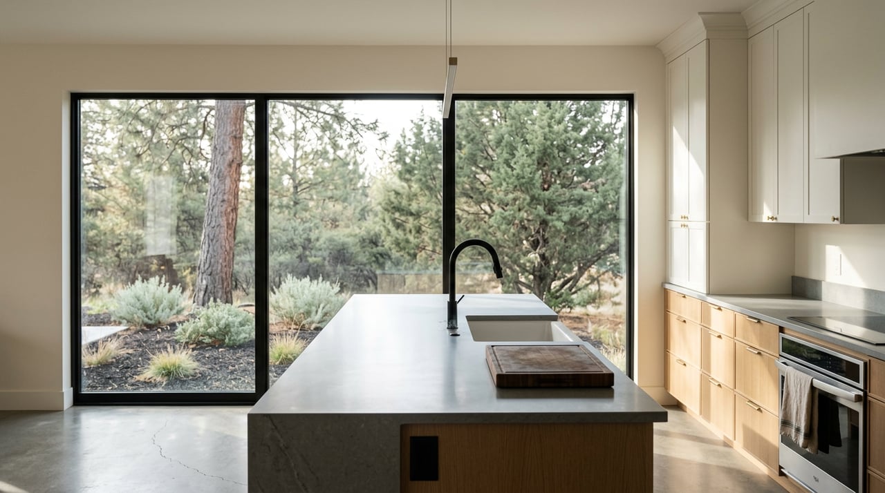 Kitchen island with gray stone waterfall countertop, oak cabinets, black faucet, and trees visible through the window.