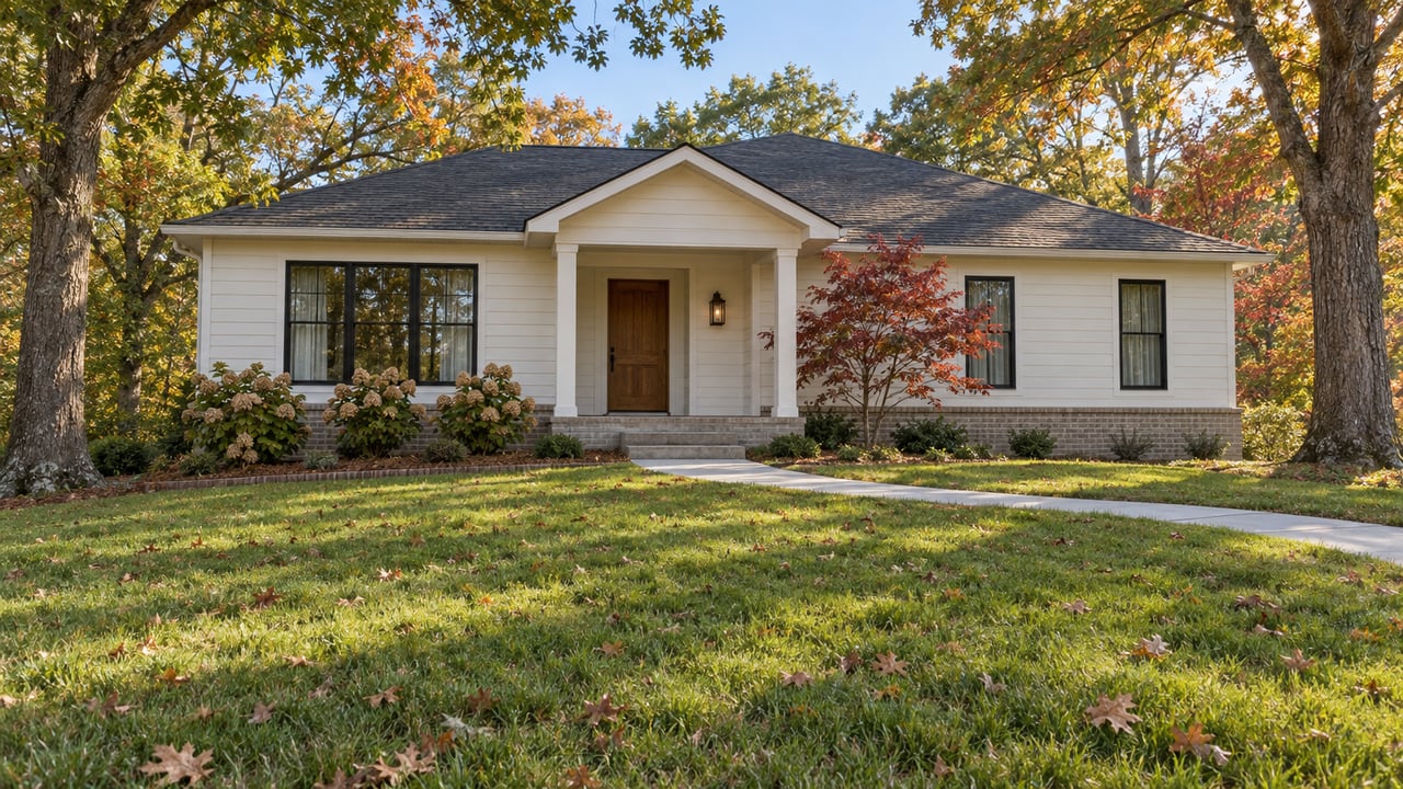 An ivory-sided home with a covered entry sits above a broad sloping lawn, framed by mature oak trees and autumn foliage.