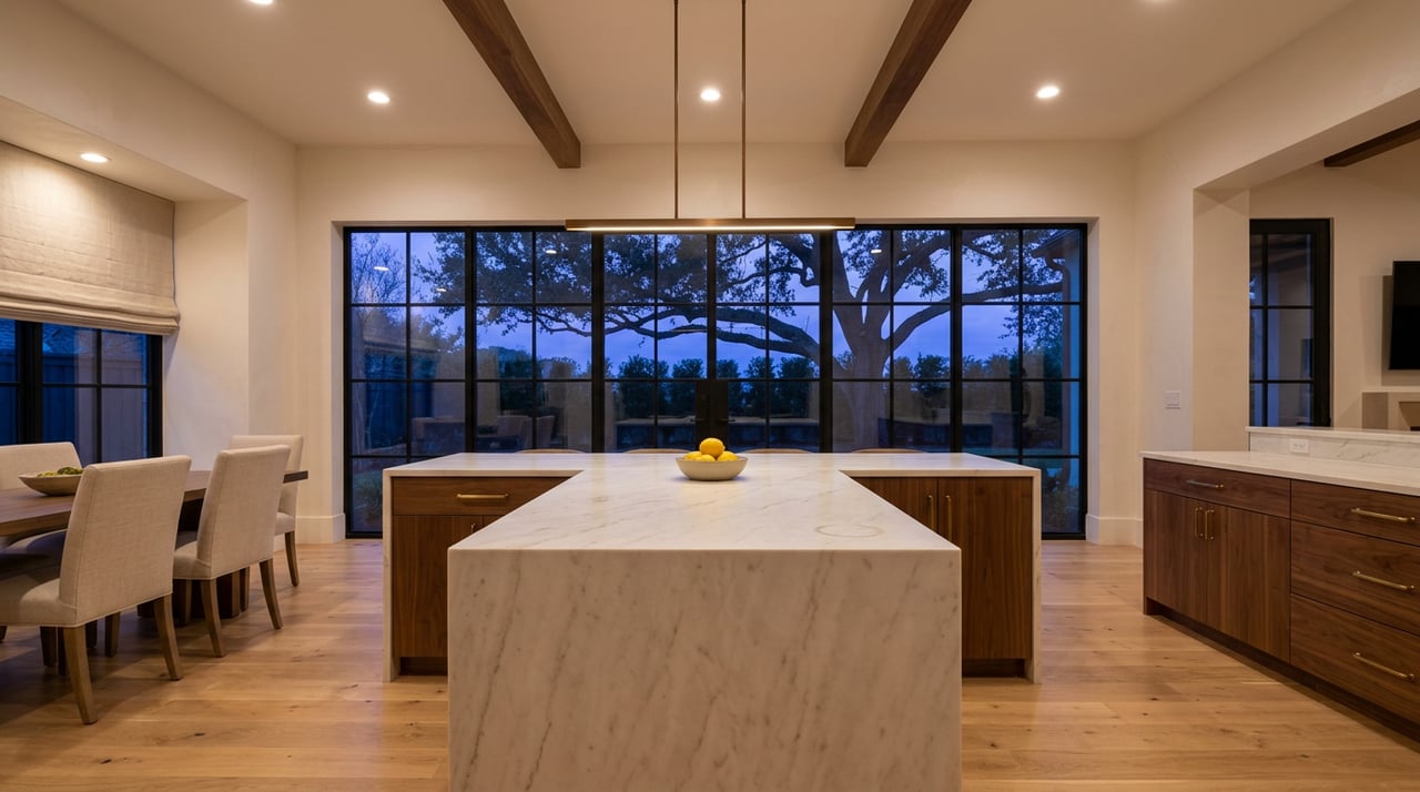 Renovated kitchen with a marble island, walnut cabinetry, and steel-framed windows overlooking a live oak at dusk.
