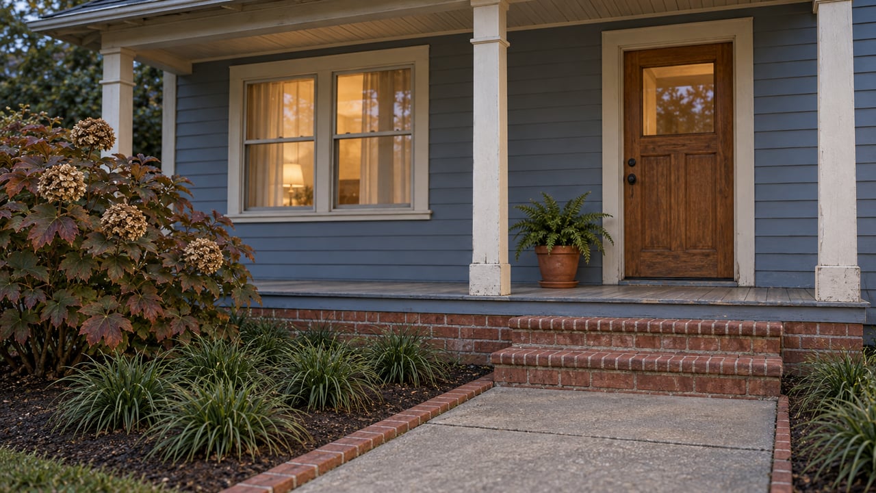 Blue-gray clapboard home with a small painted porch, worn brick steps and autumn oakleaf hydrangea in soft evening light.