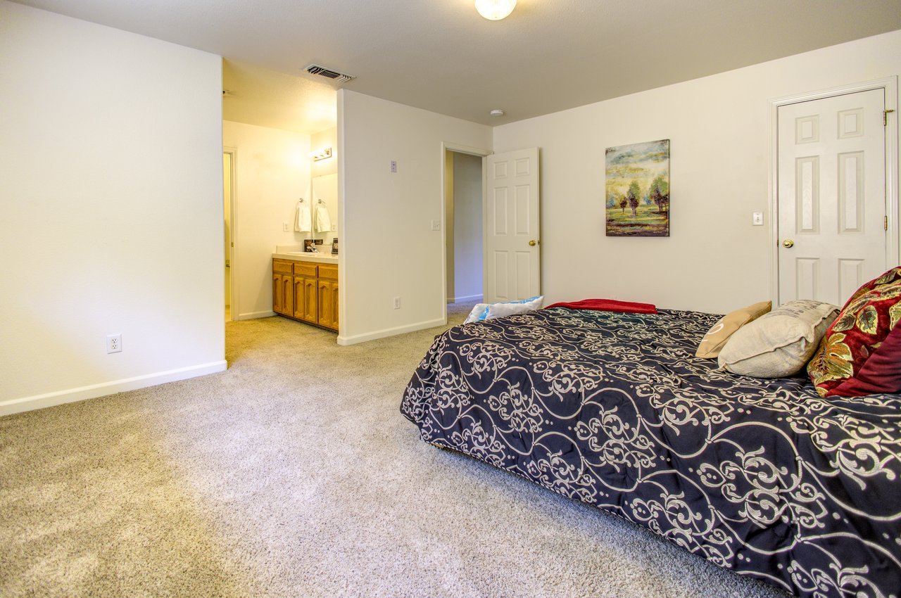 Furnished bedroom with patterned bedding, beige carpet, and an open doorway to a bathroom vanity.