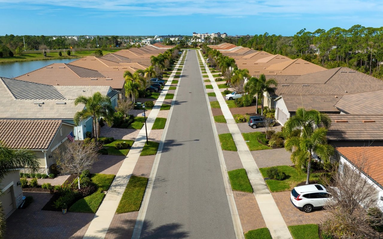 Aerial view of a residential street lined with single-story homes and palm trees beside a small lake.