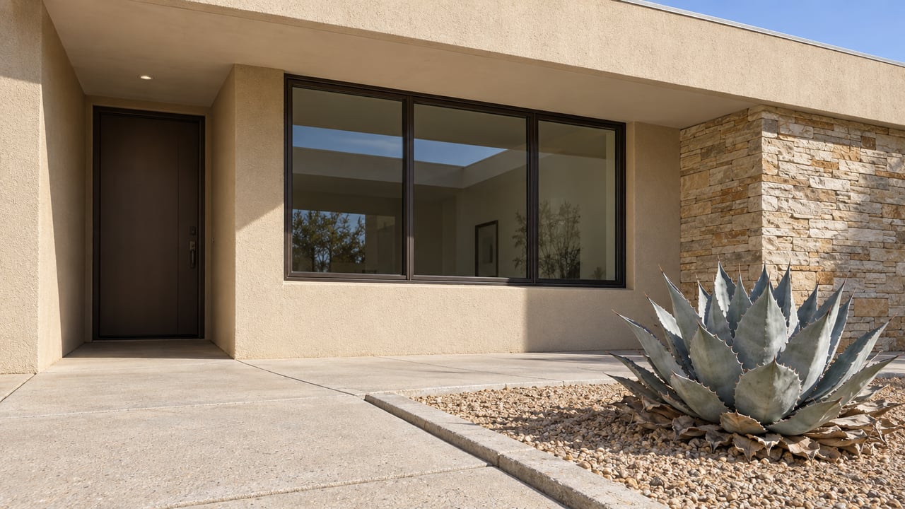 Low-angle close view of a warm stucco home with a recessed entry, dark-framed window, buff stone pier and a blue-gray agave beside concrete paving.