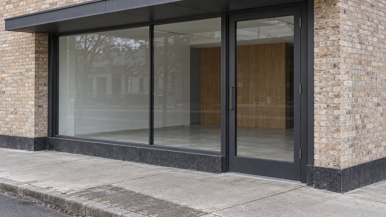 Dark-framed storefront with a closed glass door, pale brick, and an empty room visible through the glass.