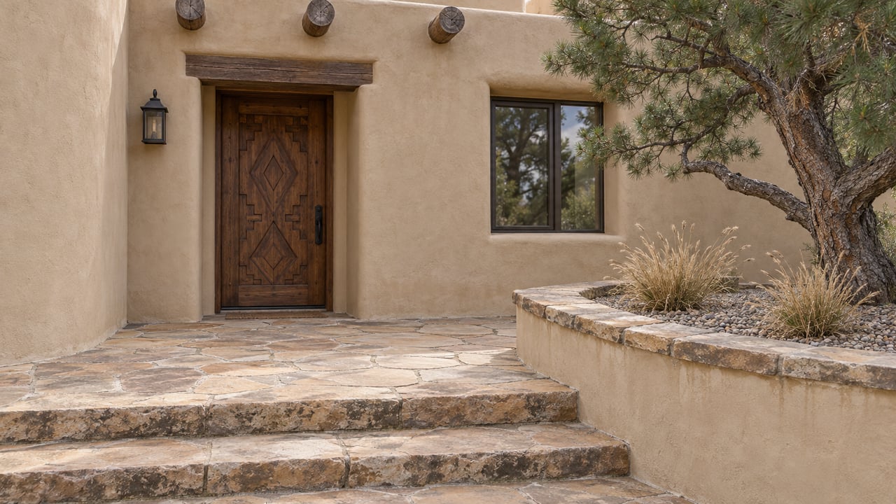 Carved wooden entry door recessed into warm plaster above worn sandstone steps, beside a curved planter holding a pinyon pine and dry blue grama grasses.