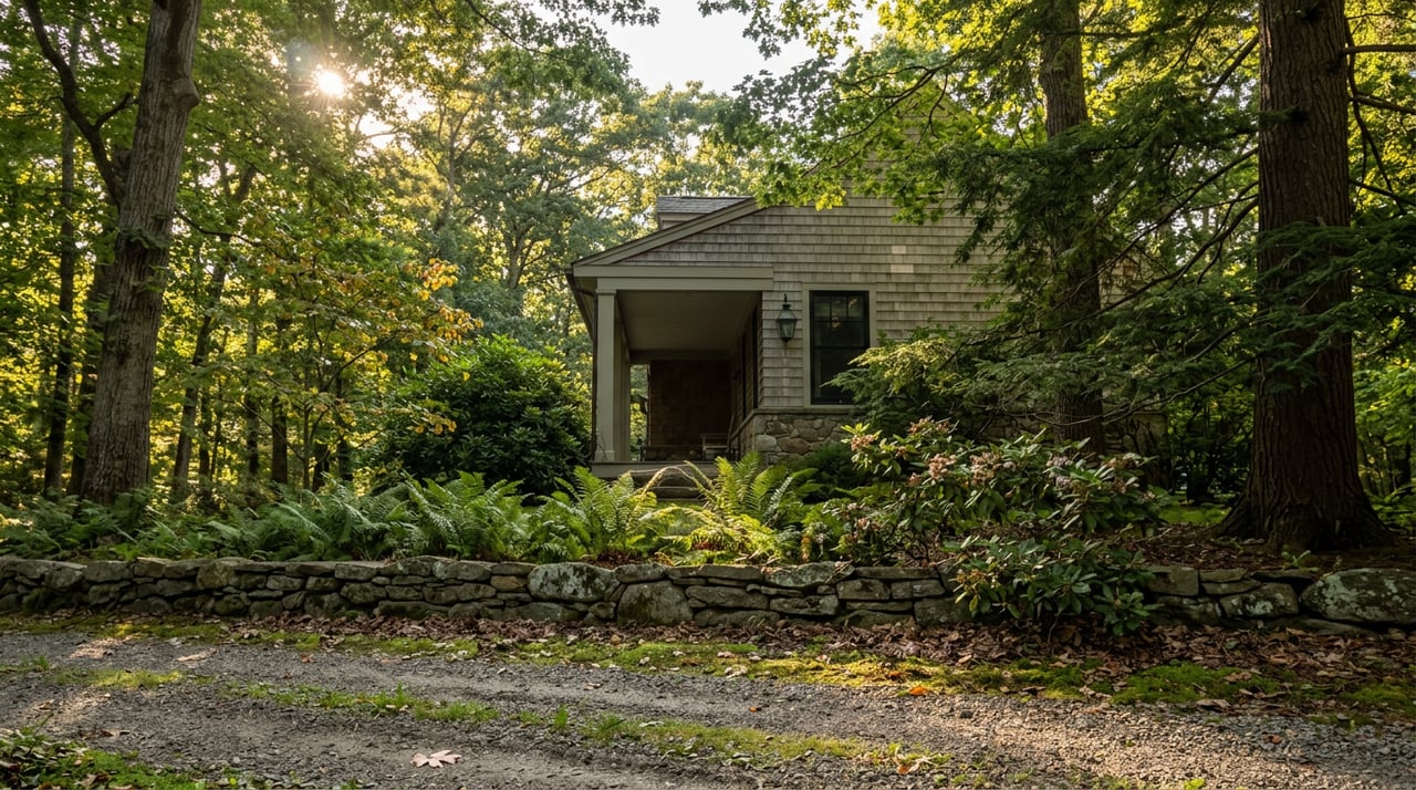 A cedar-shake residence sits behind ferns and a low stone wall beneath a dappled hardwood canopy.