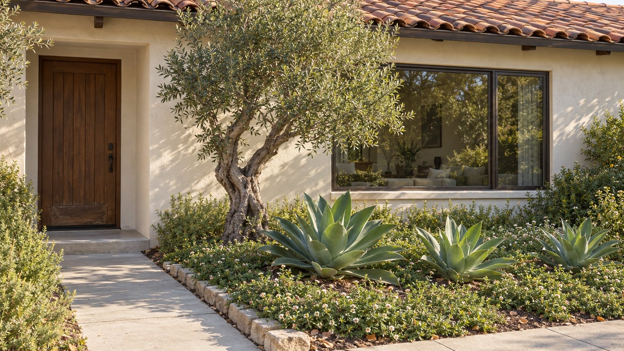 Off-white stucco house with a terracotta tile roof, recessed timber door, and garden with an olive tree and agaves.