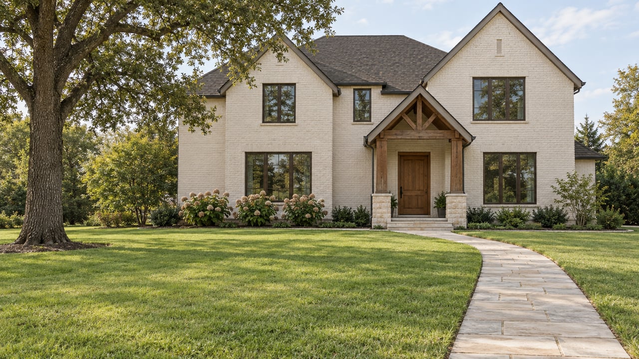 Cream-painted brick home with timber porch posts, bronze-framed windows, a deep lawn and a mature oak beside a limestone walk.